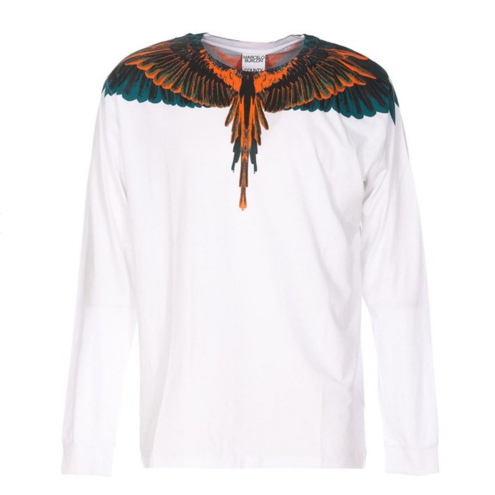 Marcelo Burlon County of Milan White Long Sleeve Tee with Orange and Black Wings